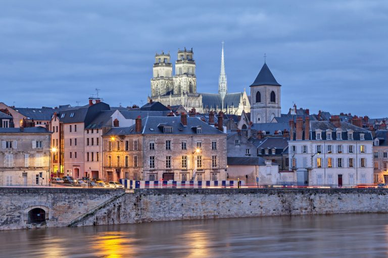 Embankment,Of,Loire,River,And,Orleans,Cathedral,In,The,Evening,